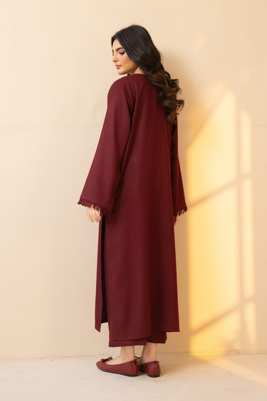 Maroon Lace Trim Dhank Kurta Set